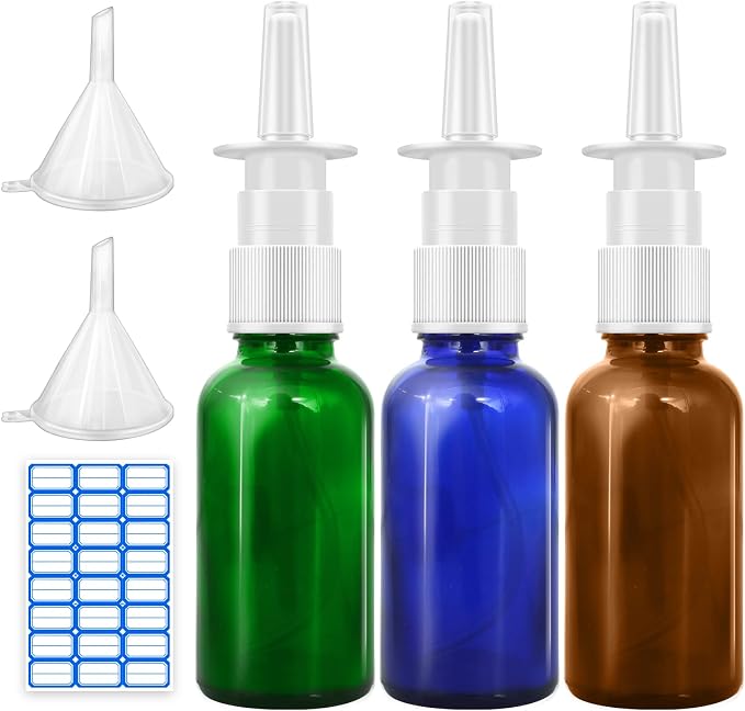 Cupohus Nasal Spray Bottle, 3 Pcs 30ML/1oz Amber,Cobalt Blue,Green Glass Refillable Fine Mist Sprayers Atomizers, Travel Sized, Empty Nasal Sprayer with Funnels and Labels