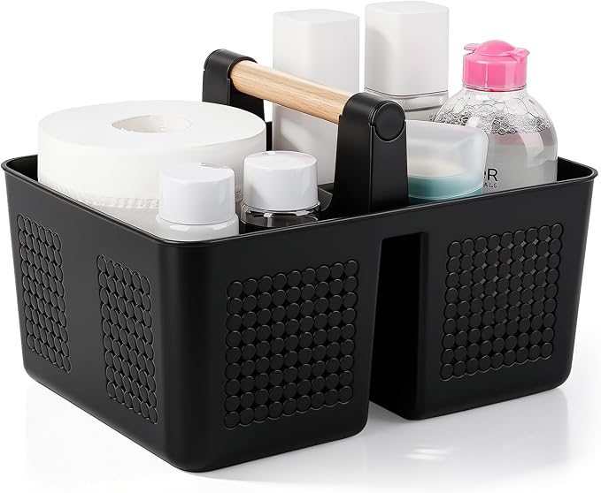 JiatuA Portable Shower Caddy Basket Plastic Caddy Organizer Small Black | Sturdy Drainage Large Capacity Cleaning Supplies Caddy Tool Storage for Bathroom Kitchen Bedroom College Dorm Essentials