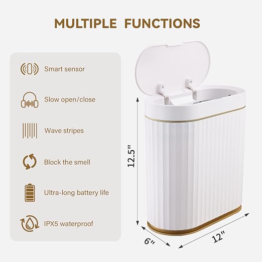 Bathroom Trash Can with lid 2.5 Gallon Motion Sensor White and Golden | Slim Wastebasket, Automatic Trash Bin Bathroom Decor for Bedroom and Office