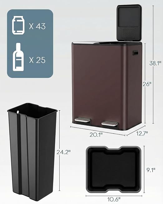 ComfyCorner 16 Gal (2 x 30 L) Dual Trash Can with Odor Control Box | Stainless Steel Kitchen Garbage Bin, Recycle Dustbin with Soft-Close Lid,Inner Buckets,Side Handle,Step Pedal,for Home Office