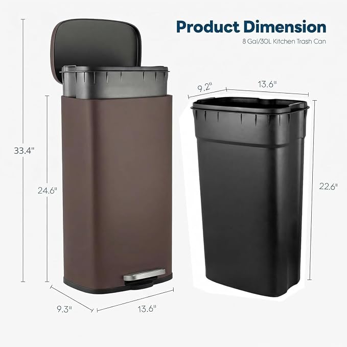8 Gal Kitchen Trash Can, 30L Recycling or Garbage Bin, with Step-On Pedal | Brushed Stainless Steel Waste Basket, Soft&Quiet Close Dustbin, Removable Inner Bucket, for Home, Office, Living Room