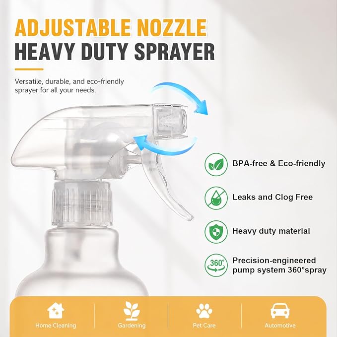 16.9oz Plastic Spray Bottles 2 Pack, 360° Any-Angle Spraying