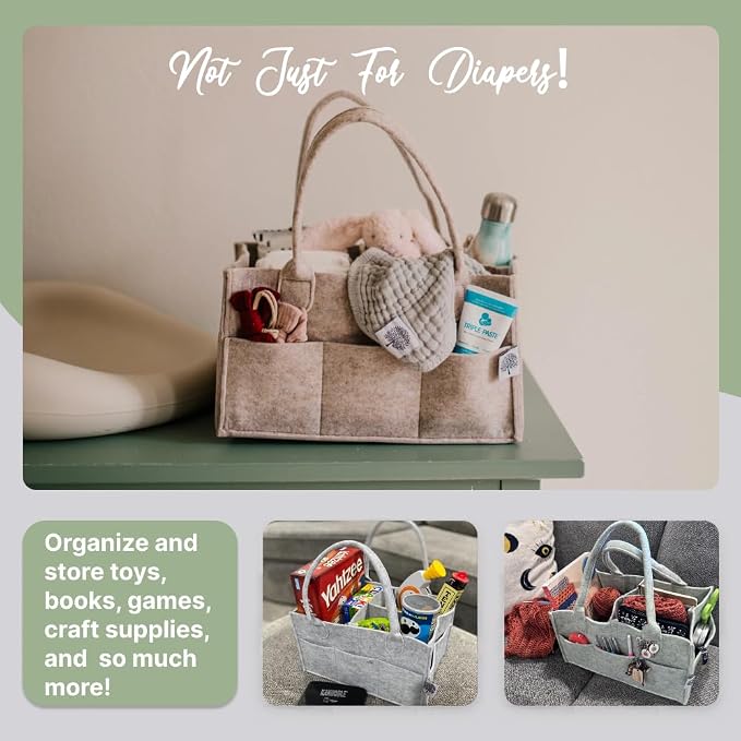 Parker Baby Co. Felt Diaper Caddy Organizer - Large, Oatmeal | Portable nursery storage bin for diapers, wipes, bottles & baby essentials in home/car. Soft felt, foldable design 16x10x7"