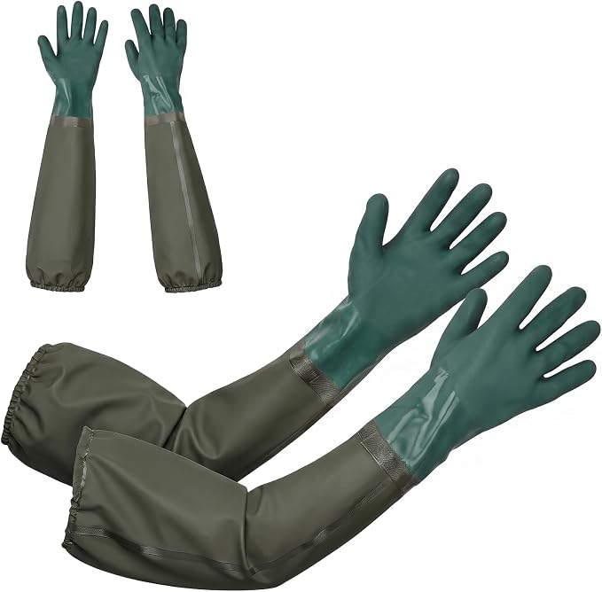 2 Pairs Aquarium Gloves Heavy Duty - 27.5 inch Waterproof Oil Resistant Anti-Slip Moisture-Wicking Elbow Length Gloves for Cleaning Pond Pet Fishing Garden Machinery Industry, Dark Green