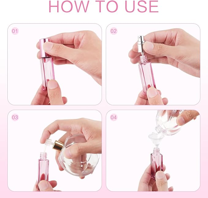 4PCS 10 ml Refillable Travel Perfume Bottle Set – Glass Perfume Atomizer and Mini Spray Bottles with Funnels, Portable Leak‑Proof Containers