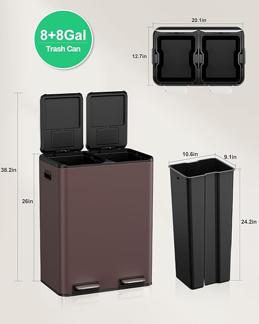 TLSUNNY 2 X 8 Gallon Double Compartments Kitchen Trash Can, Stainless Steel | Dual Trash and Recycling Bins with Odor Control, Soft-Close Lid, Removable Inner Bucket, Handle, Pedal, for Home, Brown