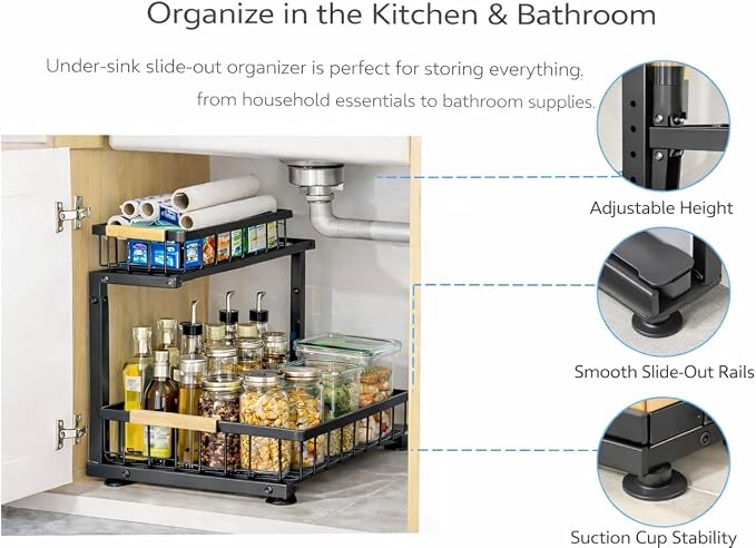 Lumela Under Sink Organizer, 2-Tier Slide-Out Cabinet Organizer Shelf, Height Adjustable Metal Pull-Out Storage Rack with Wood Handle for Kitchen & Bathroom Cabinets (Black)