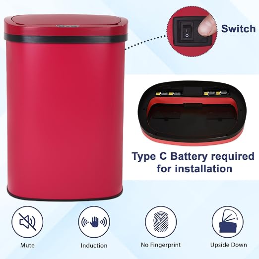 13 Gallon Kitchen Trash Can Bathroom Trash Can with Lid Red Garbage Can | Automatic Motion Sensor,50 Liter Touchless Trash Bin,Waterproof Garbage Bin Wastebasket for Toilet,Office,Caravans,Bedroom,