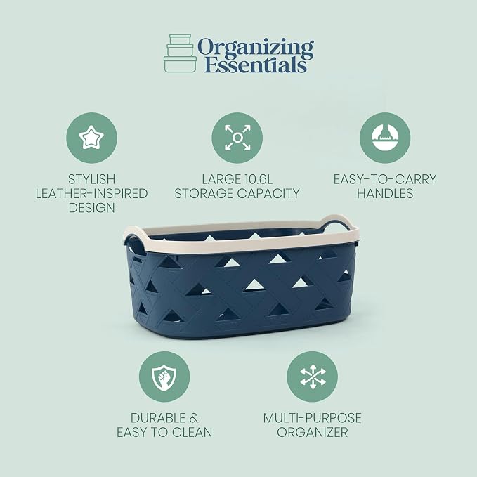 Large Plastic Storage Basket with Handles – Blue & Cream Decorative Bin for Bathroom, Kitchen, or Living Room – Designer Leather Pattern Organizer Basket, 10.6L
