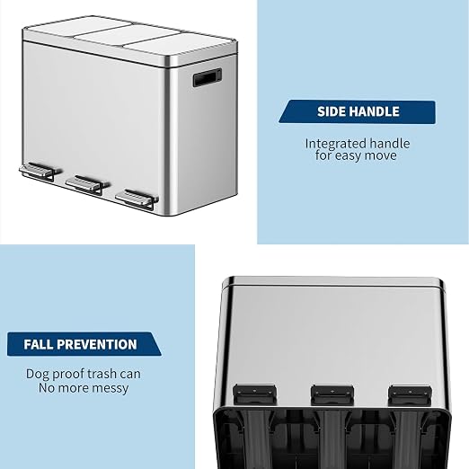 Garvee 12Gal 3-Compartment Kitchen Trash & Recycle Bin Stainless Steel | Fingerprint-Proof, Whisper-Quiet Soft-Close Lid, Removable Inner Buckets, for Kitchen & Office