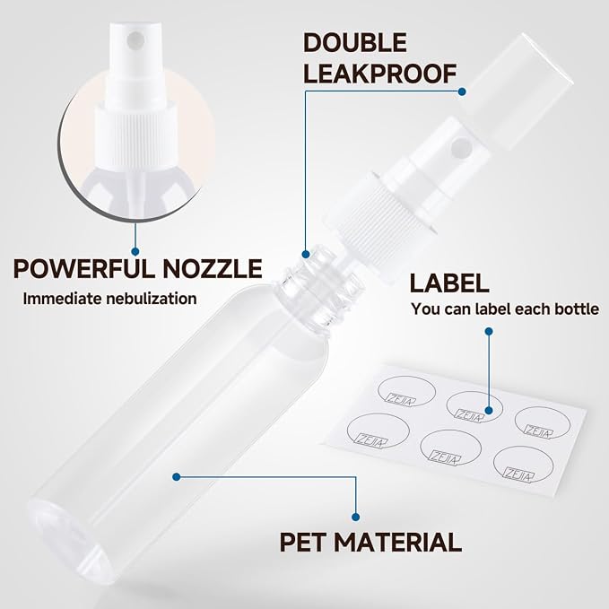 2 Pack Small Spray Bottle, 2OZ Travel Spray Bottle (Clear) | Fine Mist Plastic Spray Bottle, Refillable & Leak Proof Sprayer for Hair, Face Toner, Cleaning, Plants with Labels