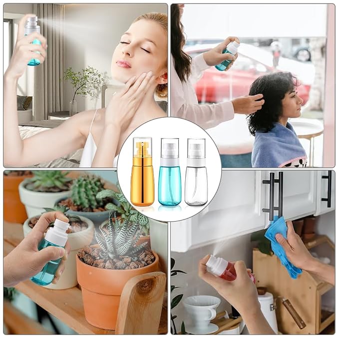 Travel Spray Bottle 3 Pack 2oz 60ml Fine Mist Spray Bottles | TSA Approved, Leak Proof, Empty Plastic Refillable, For Hair Perfume Toners Rose Water Cosmetics, Gold+Green+Clear