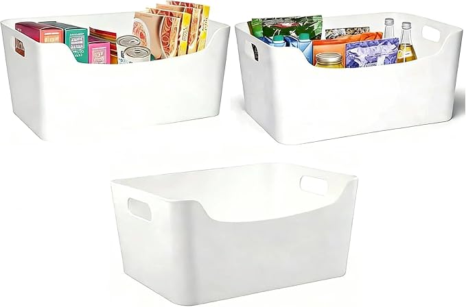 3 Pack Large Plastic Storage Bins with Handles, Versatile 13.7x10.2x5.7 Inch White Organizer Containers for Kitchen, Pantry, Closet, Bathroom, Office, Cabinet, Drawer, Snack, Toy & Makeup Organization