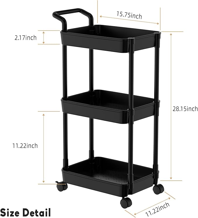 Volnamal Diaper Caddy, 3 Tier Rolling Cart for Baby Essentials, Black | Movable & Easy Assemble Cart for Newborn Nursery Essentials, Diaper Storage Organizer for Changing Table&Crib, Baby Registry