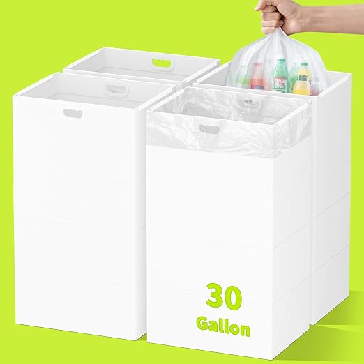 Kaiferty 30 Gallon Disposable Trash Cans for Parties, 4 Pack Extra Large Collapsible Pop Up Trash Can with Handles, Portable Cardboard Garbage Can & Recycling Bin for Party Kitchen Camping, White