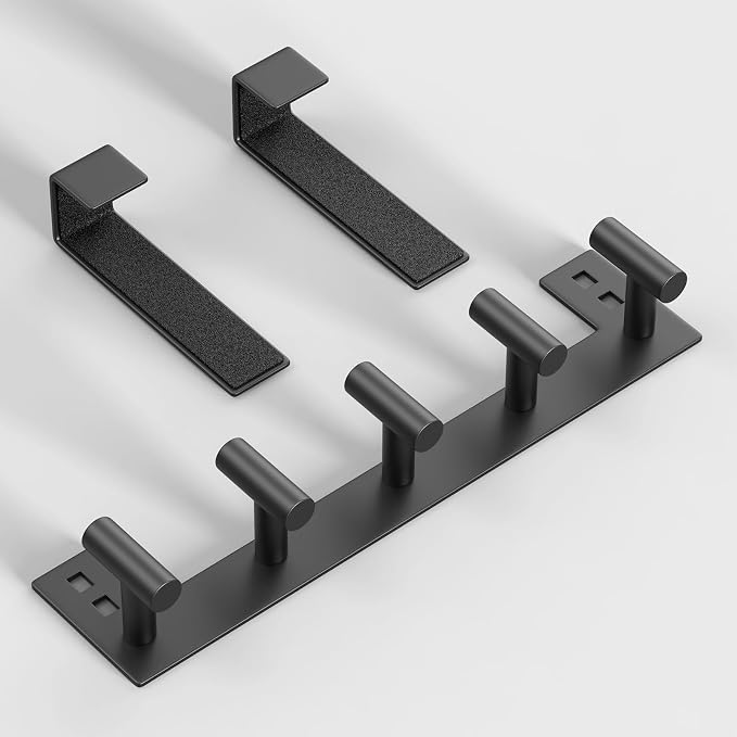 PMMASTO Door Hanger for 1-3/4 Inch Doors, Black- 5 Hooks, T Shape | Stainless Steel Door Hooks Organize Coats Towels Robes in Bathrooms Bedrooms Closets