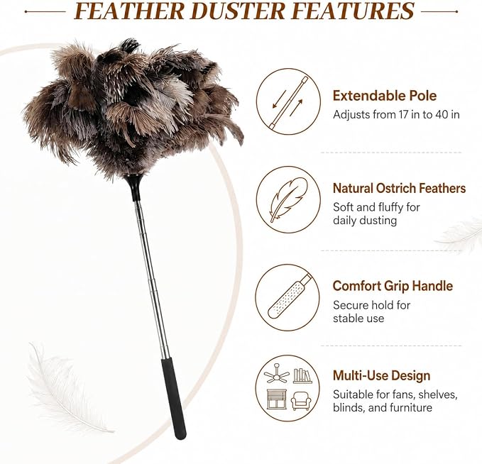 Extendable Ostrich Feather Duster 17–40 Inch, Fluffy Long Handle Reusable Feather Duster, Feather Dusters for Cleaning Ceiling Fan,Pendant lamp, High Ceiling, Blinds, Furniture