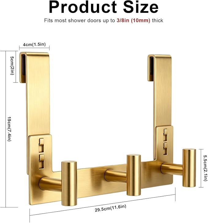 PMMASTO No-Drill Extra Long Shower Hooks, Fits 3/8" Thick Door, Heavy Duty Stainless Steel Towel Hooks for Frameless Glass Shower Door, Holds Bathrobe Towel (Gold, 3 T-Hooks)
