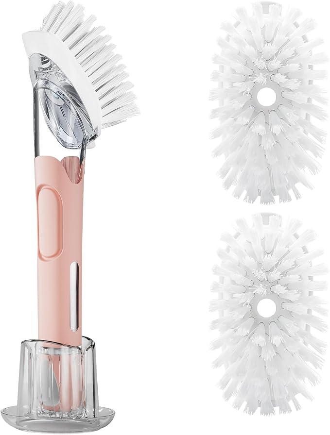 RIMAY Soap Dispensing Dish Brush Set with 2 Brush Refills and Holder | Dish Scrubber with Handle Kitchen Dishwashing Brush Dish Wand for Dishes, Pans, Pots And Sink, Pink