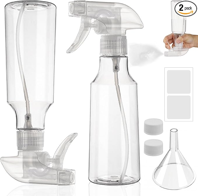 2 Pack 360° Reverse Plastic Spray Bottles 10oz Empty Spray Bottle | Adjustable Nozzle, 310ml Fine Mist Spray Bottle for Hair, Cleaning Solutions, Cooking, Plant, Essential Oils, Clear