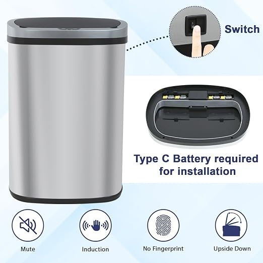 Kitchen Trash Can 13 Gallon Touchless Trash Bin with Lid,Stainless Steel | Automatic Motion Sensor Bathroom 50 Liter Trash Can ,Garbage Can Waterproof Garbage Bin Wastebasket for Toilet,Bedroom