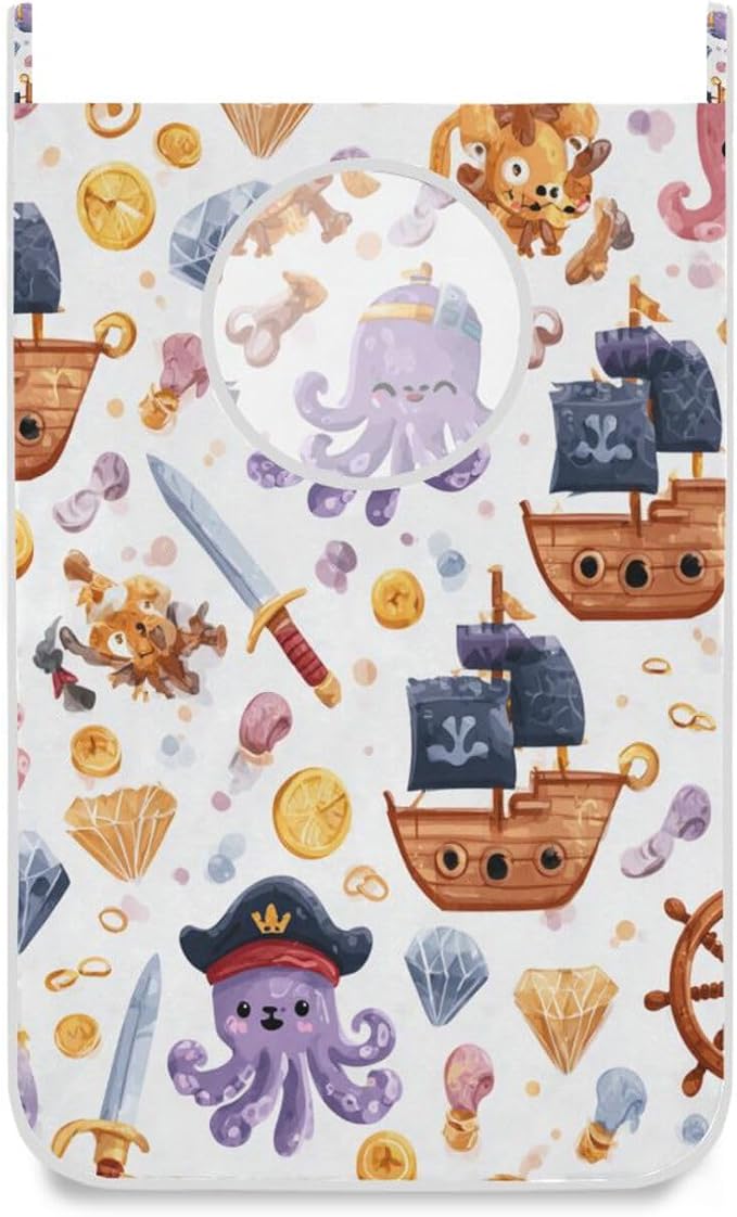 Cute Pirate Octopuses Sailboats Diamonds Hanging Laundry Hamper Door Hampers Bag Basket with Stainless Steel Hooks Oxford Fabric Printing Decorative Clothes Bags 29.5X20inch 2Pack