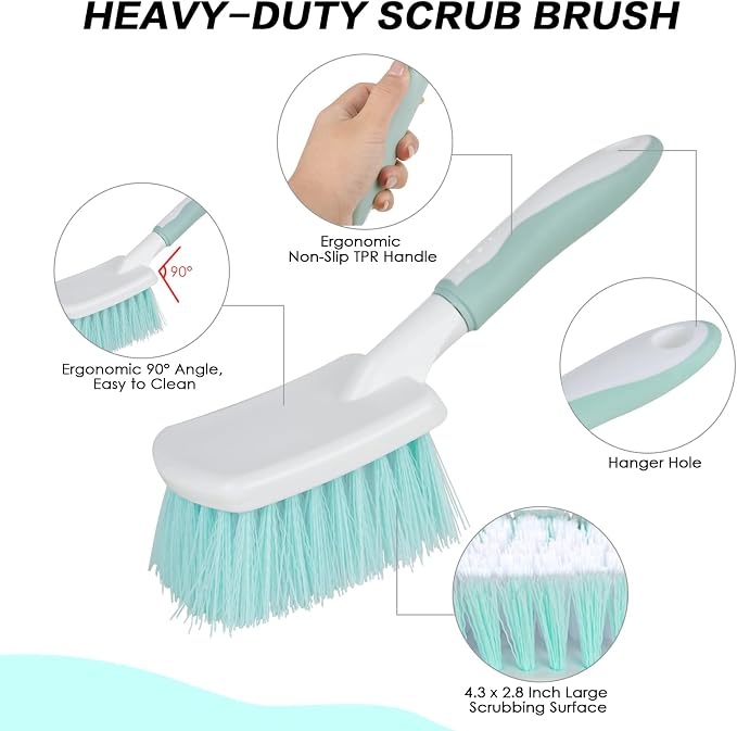 3 Pack Bathroom Scrub Brush Set, Heavy-Duty Scrub Brushes for Cleaning | Green Scrubbing Brush with Non-Slip Handle and Stiff Bristles for Cleaning Floor, Bathtub, Tub, Tile, Gap, Kitchen, Sink
