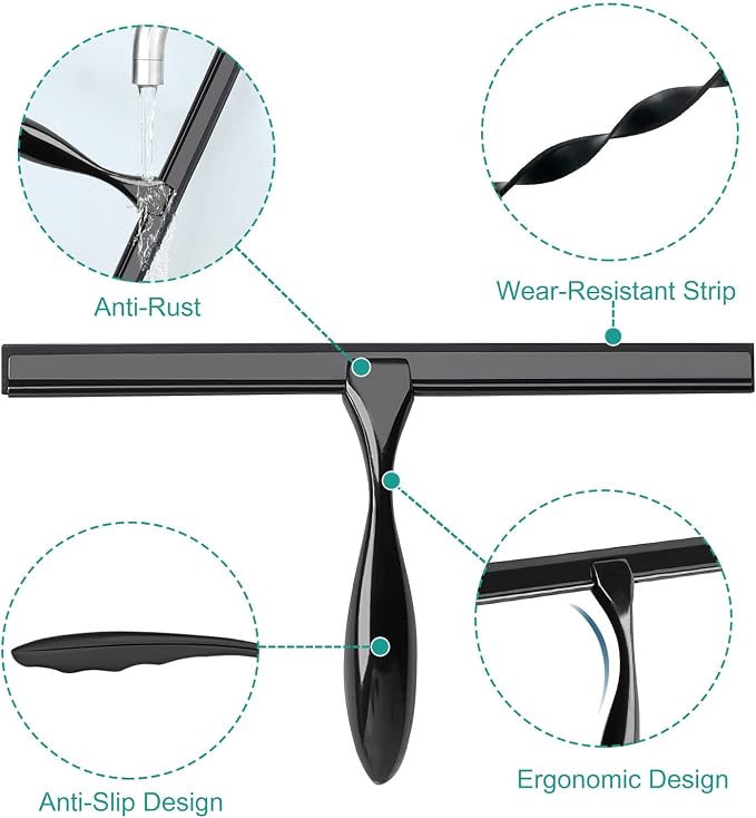 Shower Squeegee for Glass Doors,14-Inch Shower Glass Squeegee, Matte Black Shower Squeegee for Shower Doors,Mirror,Windows, with Shower Door Hook and Adhesive Hook
