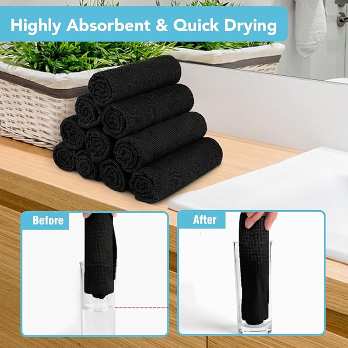 Orighty Wash Cloths, Face Towels 12x12 Inch 20 Pack | Soft Quick-drying Black Washcloths, Multi-Purpose Microfiber Face Cloths for Bathroom, Gym, Spa, Hotel, Travel