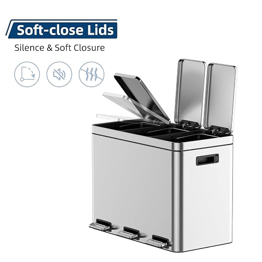 Garvee 12Gal 3-Compartment Kitchen Trash & Recycle Bin Stainless Steel | Fingerprint-Proof, Whisper-Quiet Soft-Close Lid, Removable Inner Buckets, for Kitchen & Office