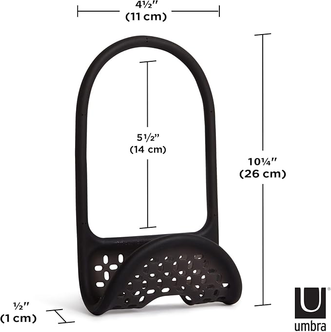 Umbra Sling Flexible Sink Caddy, Elastic Non-Slip Sponge Holder, Black | Rubber material, perforated base for drainage, prevents moisture buildup, fits faucet necks, easy rinse clean