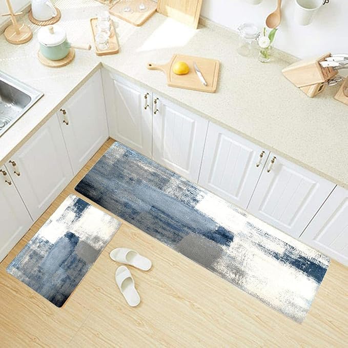 TOMWISH Grey and White Kitchen Rugs Non-Slip Standing Desk Mat | Kitchen Rug Set for Kitchen Floor Office Dining Room Sink Laundry 17"X48"+17"X24" Kitchen Decor and Accessories