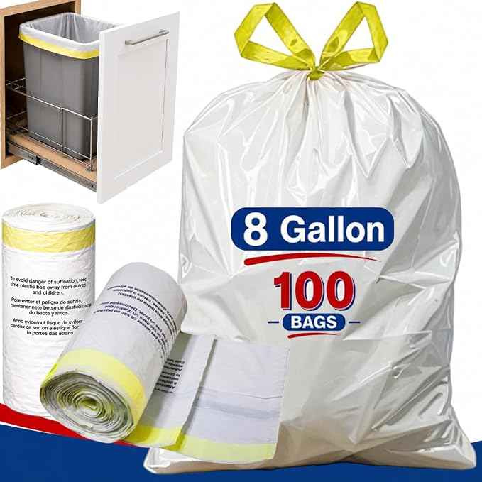 8 Gallon 100 Count Drawstring Garbage Bags, heavy duty Medium Trash Bags, Coreless Roll, Tear-Resistant Unscented for Kitchen & Household & Office.
