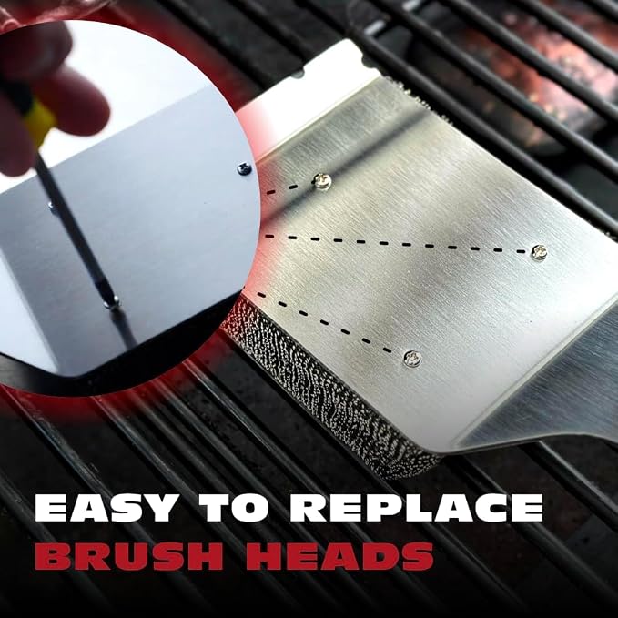 Bristle Free Grill Brush Cleaner and Scraper for Barbecue, Replaceable Head | Safe Bristle-Free Stainless Steel Scrub Pad with Heavy-Duty Scraper & Long Black Handle, Safe on Any Grill Grate