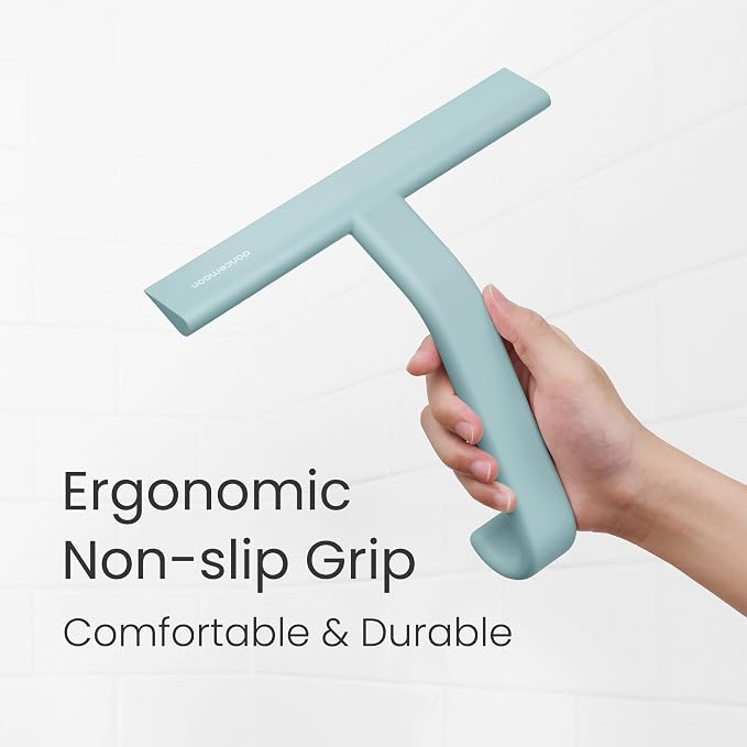 JustHang Shower Squeegee with Built-in Hook, 10-Inch Slate Blue | Award-Winning Design, All-One-Piece Soft-Touch Silicone, for Glass Door, Bathroom, Window, Mirror, Tile Wall, Car