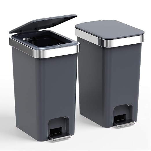 2 Pack Bathroom Trash Can with Lid 2.6 Gallon,Small Step Trash Can | Plastic Garbage Can with Press Top Bin & Foot Pedal Trash Bin, Mini Waste Basket for Bedroom,Home Offices,Dorm,RV(Black Gray)