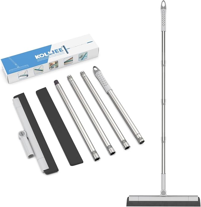KOLLIEE Floor Squeegee 59" Adjustable Long Handle Professional with Hook Water Squeegee Foam Blade for Concrete Floor Tile Pet Hair Floor Wiper Grey