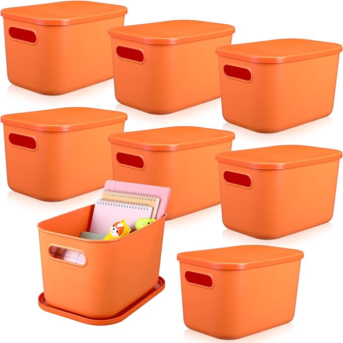 Hoolerry 8 Pack Storage Bins, 10.2 X 7 X 6.3 Inch Orange | Plastic Stackable Containers with Lid Handle, For Shelves Desktop Playroom Office, Organizing Toys Books Supplies Storage
