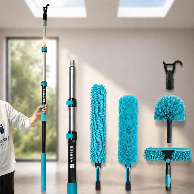 High Ceiling Duster Kit with 3-8FT Heavy Duty Extension Pole, Reaches Up to 13FT, Includes Microfiber Feather Duster, Cobweb and Ceiling Fan Duster, Window Squeegee Cleaner & Skylight Hook (8FT)