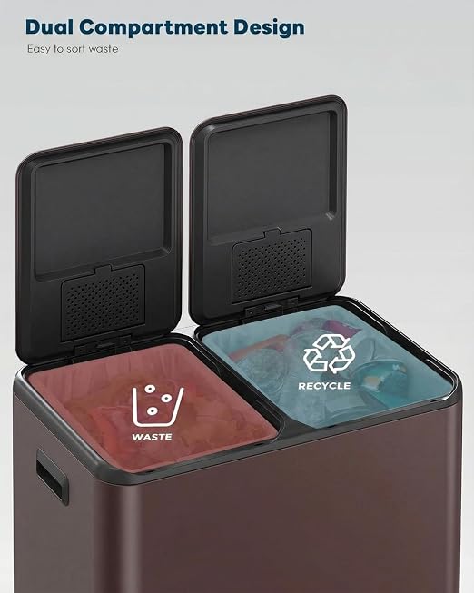 ComfyCorner 16 Gal (2 x 30 L) Dual Trash Can with Odor Control Box | Stainless Steel Kitchen Garbage Bin, Recycle Dustbin with Soft-Close Lid,Inner Buckets,Side Handle,Step Pedal,for Home Office