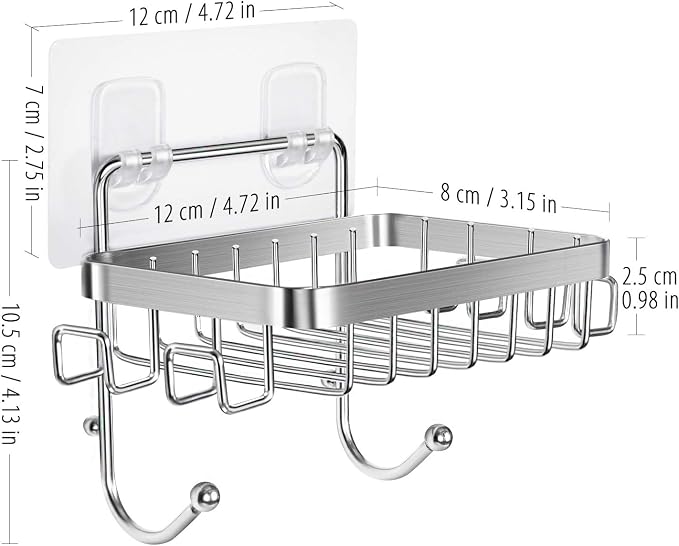 ODesign Soap Holder for Shower Wall Stainless Steel with 6 Hooks -Silver | Loofah, sponge, and razor holder, adhesive wall-mounted, no drilling, removable for cleaning, for kitchens and bathrooms
