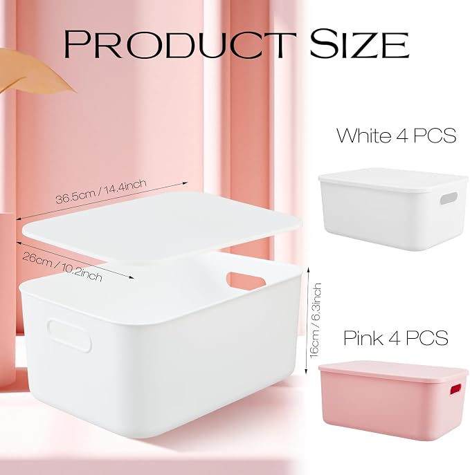 Hoolerry 8 Pack Storage Bins, 13.8 X 9.8 X 5.9 Inch White and Pink | Plastic Stackable Containers with Lid Handle, For Shelves Desktop Playroom Office, Organizing Toys Books Supplies Storage