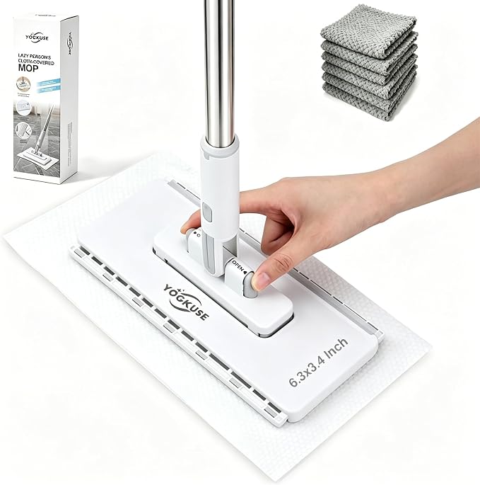 Pawnexa Mop,Clamp Mop,Hands Free Multi Purpose Flat Mops with Squeegee,Snap Grip Mini Mops Use Any Cloth,Zero Touch Dirty Cloth Release,for Whole House Cleaning(31”Handle,6 Cloths)