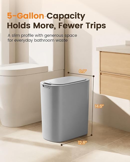 TIPGO 5 Gallon Automatic Bathroom Trash Can with Lid, Gray, Touchless | Motion Sensor, Slim Smart Garbage Bin, Plastic Wastebasket, Battery Operated, Manual Button, for Bedroom, Office,RV