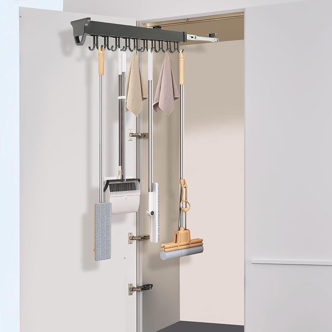 Pull Out Broom and Mop Organizer, Wall Mounted Sliding Storage Rack with 20 Adjustable Hooks, 66 lbs Capacity Slide Out Cabinet Organizer for Laundry Room Kitchen Garage Closet Pantry