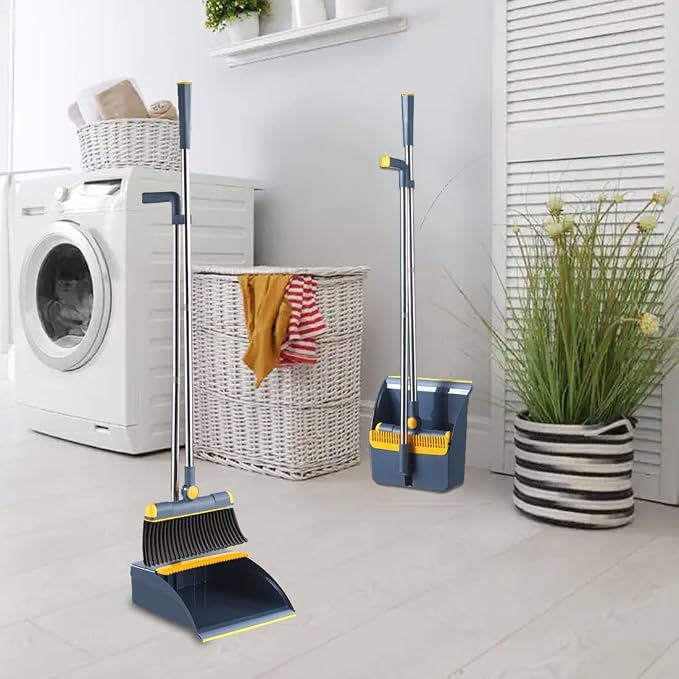 Broom and Dustpan Set for Home, Long Handle Dust Pan and Broom Combo for Indoor Outdoor Heavy Duty Dustpan Set for Kitchen Lobby Office Upright Standing Dustpan with Teeth (Blue)
