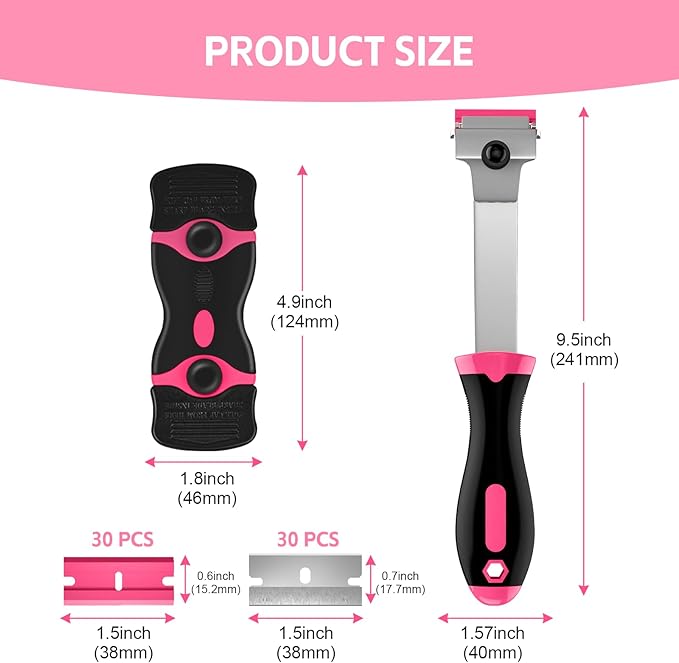 3 Pack Razor Blade Scraper Set, Includes 30 Plastic & 30 Metal Blades(Pink) | Multi-Purpose Tool for Glass, Cooktop, Sticker Removal, Paint & Gum Cleaning