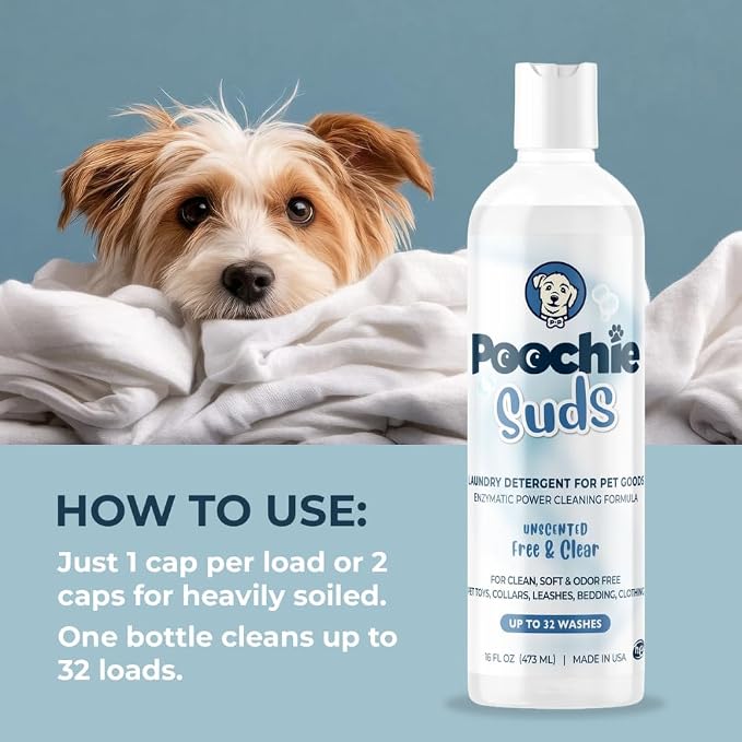 Poochie Suds Pet Laundry Detergent, Enzyme Cleaner and Odor Remover, Hypoallergenic and Fragrance-Free Pet Safe Detergent for Dog and Cat Bedding, Blankets, Toys and Gear, Made in USA, 32 fl oz