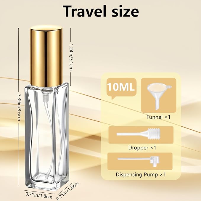 Perfume Travel Refillable, 6 Pcs 10 ml Glass Atomizers (Gold) | Leak-resistant fine mist spray, mini perfume bottle set with filling tools, portable for travel, gym, office and daily use