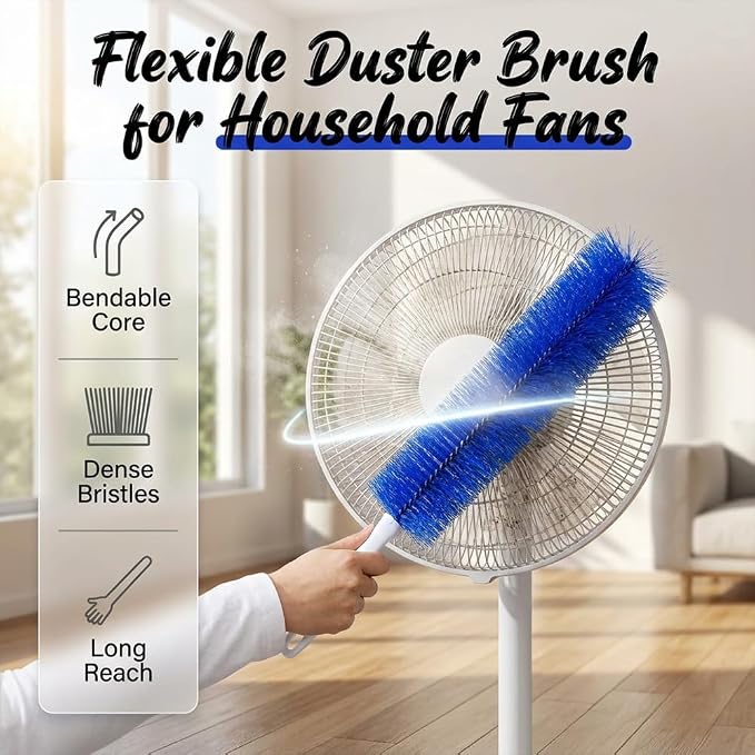 Bendable Microfiber Head, Fan Cleaner Brush, Reusable Fan Brush Cobweb Duster Microfiber Duster Ideal for Ceiling Duster, Household Duster Curtains，Fan Cleaner for Box Fan (Blue-2Pcs)